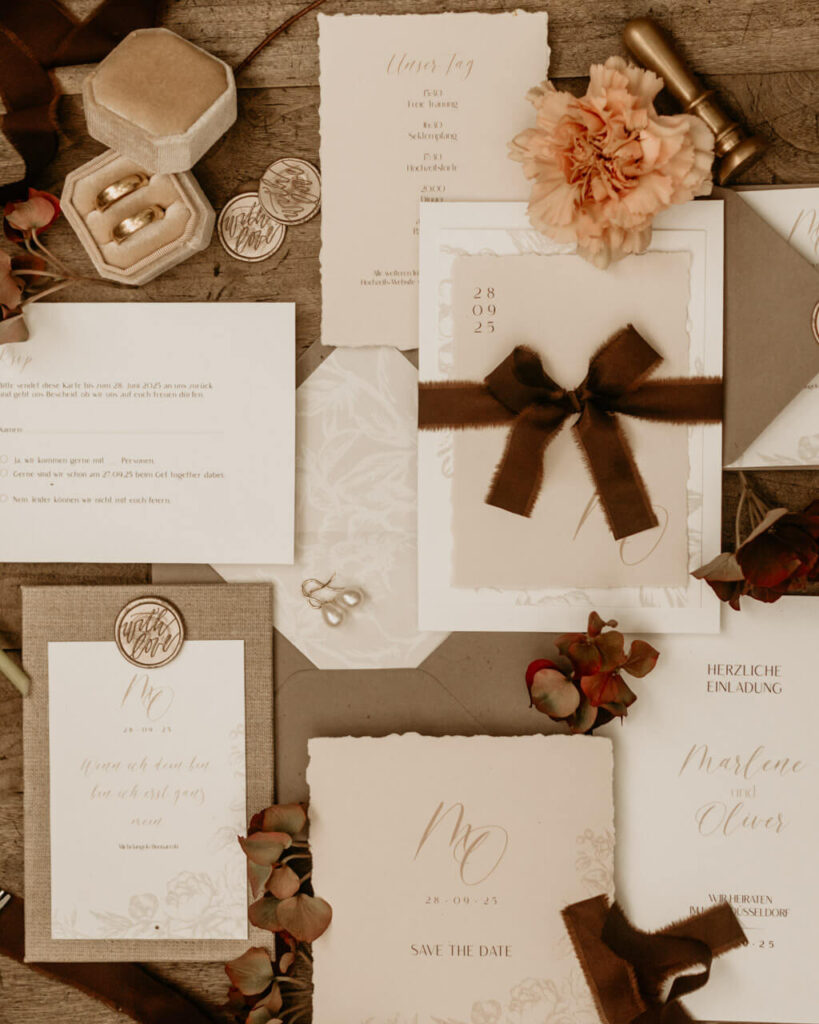 Detailreiche Flatlay-Aufnahme mit Hochzeitspapeterie, goldenen Ringen, Blumen und Schleifenband auf rustikalem Holztisch.
